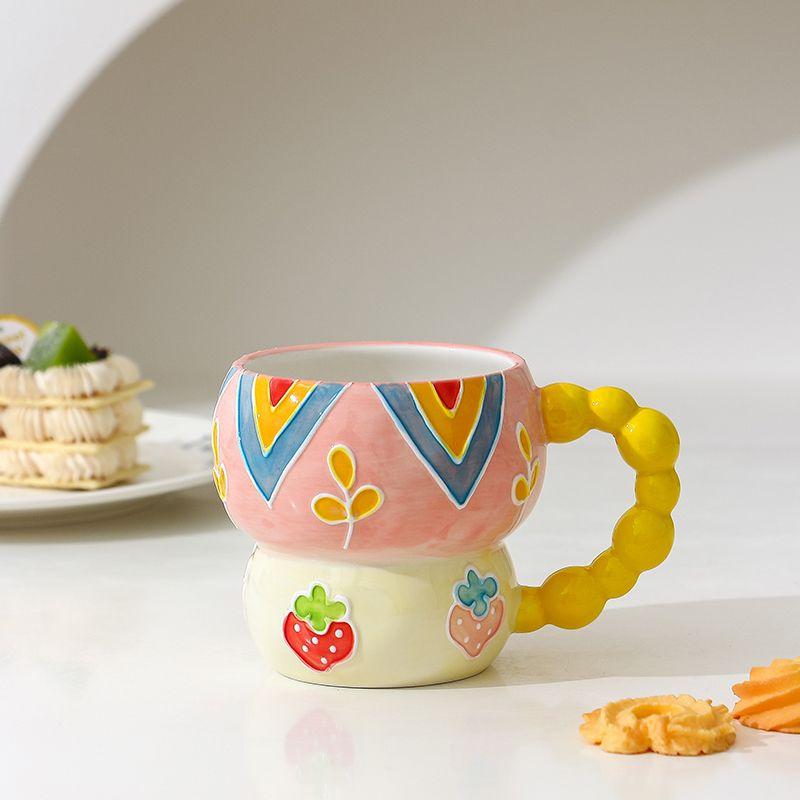 Hand-painted Relief Gourd Ceramic Cup Aesthetic Value, Breakfast Large Capacity, Cute Oatmeal Mug, Home Drinking Wate Drinkware