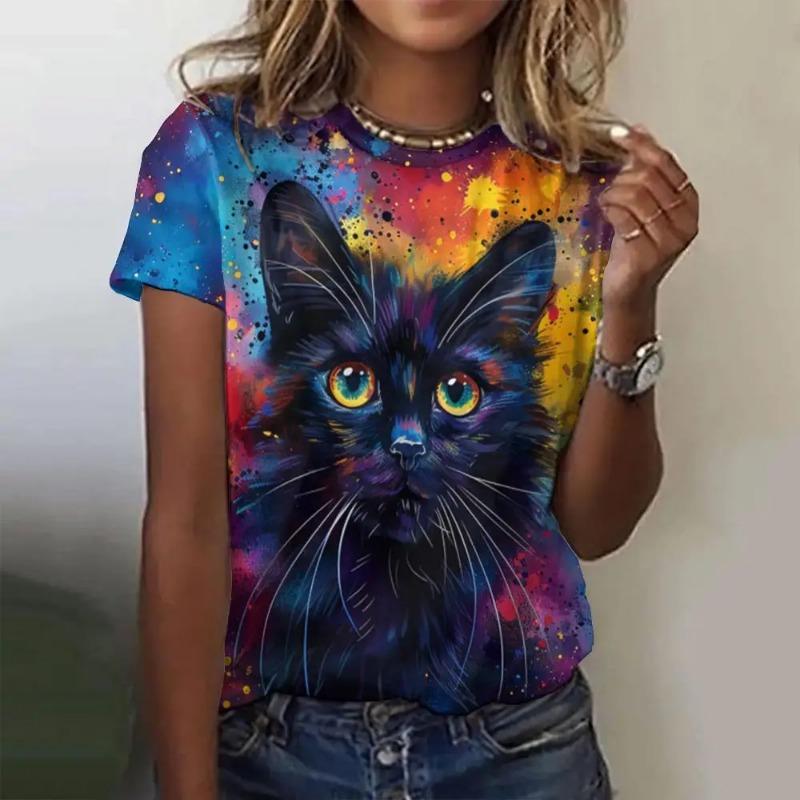 Summer O-Neck Short Sleeve Women's T-Shirt 3d Printed Black Cat Pattern T-Shirt Pullover Top Fashion Street Female Clothing 2024