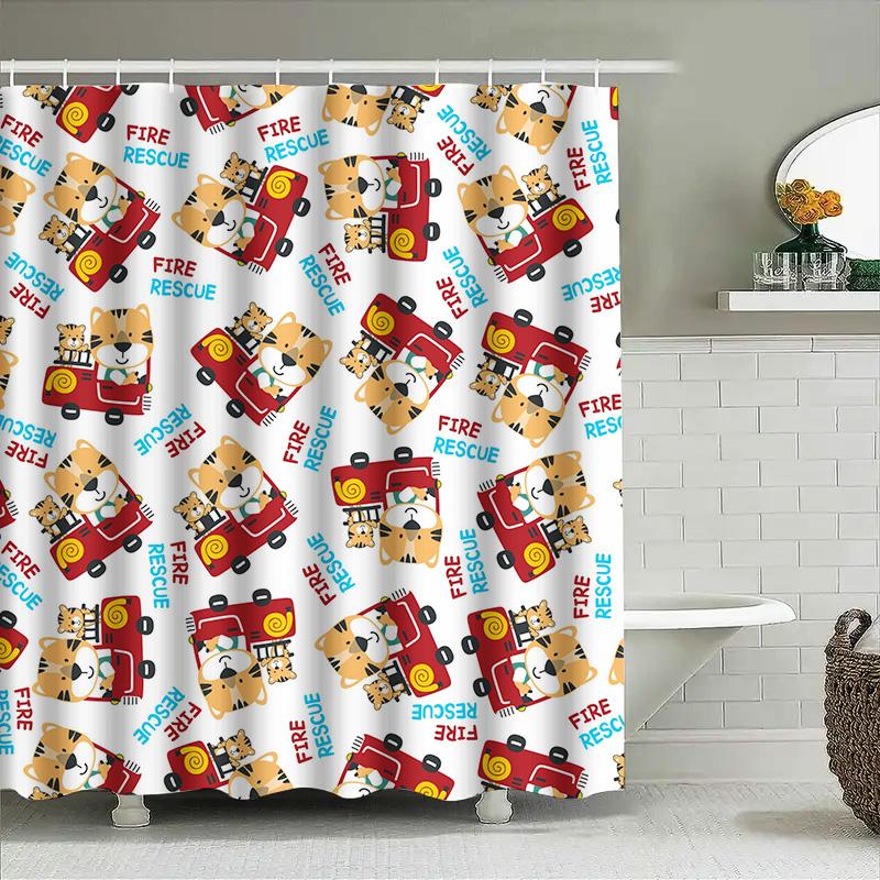 

Fire Truck Shower Curtain Kids Bathroom Decor Cartoon Animal Washable Fabric Waterproof Curtains Home Accessory W60H190(CM)-1 Pcs