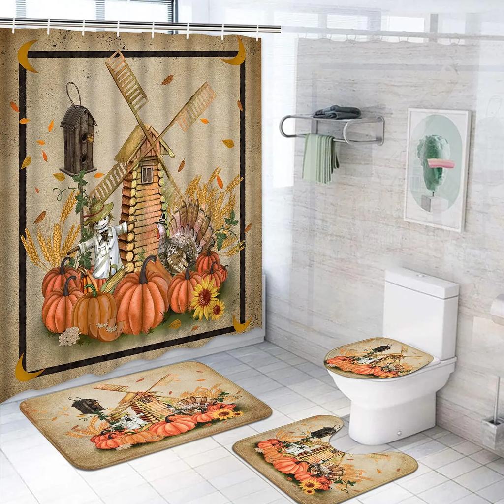 Shower Curtain Set Thanksgiving Pumpkins Fall Leaves November Season With Non-Slip Rugs Toilet Lid Cover Bath Mat Bathroom Set