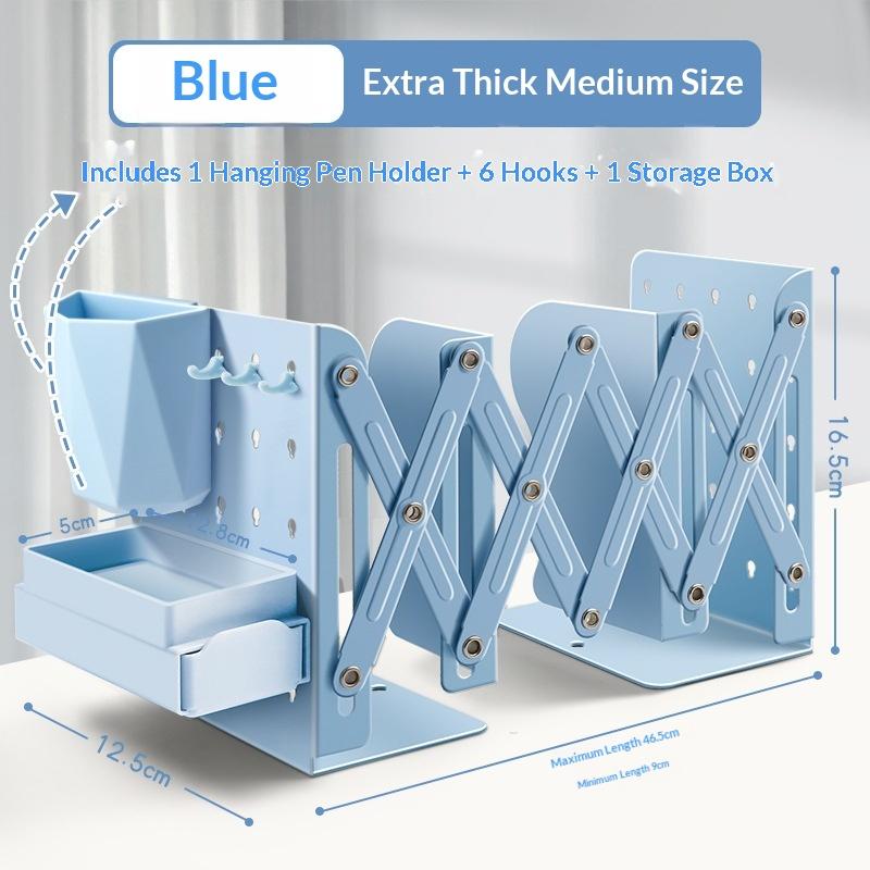 1Pcadjustable Expandable Book Organizer With Pen Holder And Hooks Holds 80 Books Perfect For Student Home Office Desktop Storage