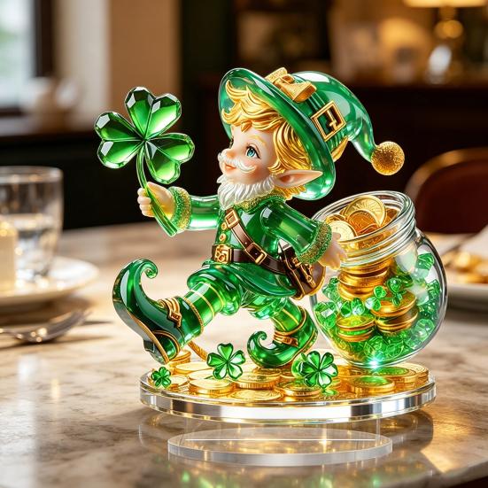 Yousheng 2Pcs Gnome Clover Ornaments, 2D Acrylic St. Patrick Day Ornament with Base, Shamrock Irish Table Centerpiece for Festive Holiday Desktop