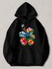 Black Pullover Hoodie with Vibrant Tropical Hibiscus Flower Print Featuring Ocean Sunset Scenery Casual Long Sleeve Sweatshirt for