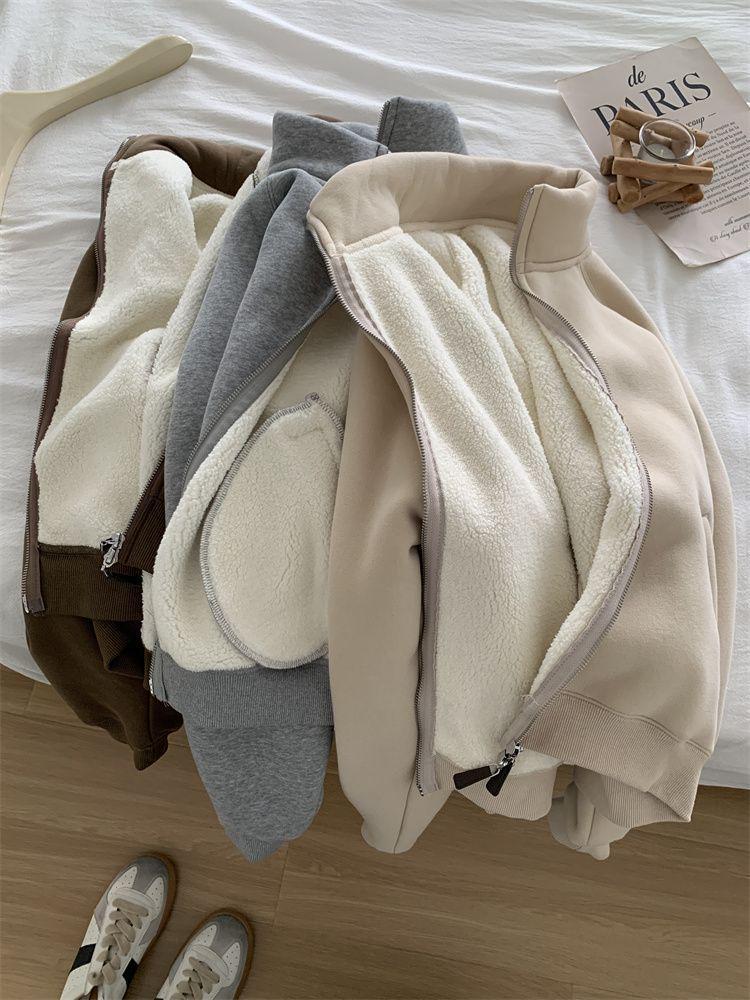 Warm Lamb Wool-Style Zipper Jacket: Autumn/Winter Casual Stand-Up Collar Sweatshirt