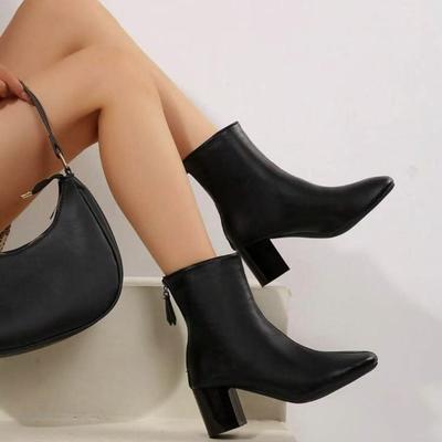2025 Women's Boots Pointed Toe Rough Heel Back Zipper High Heel Boots Autumn and Winter Korean Retro Versatile Women Short Boots