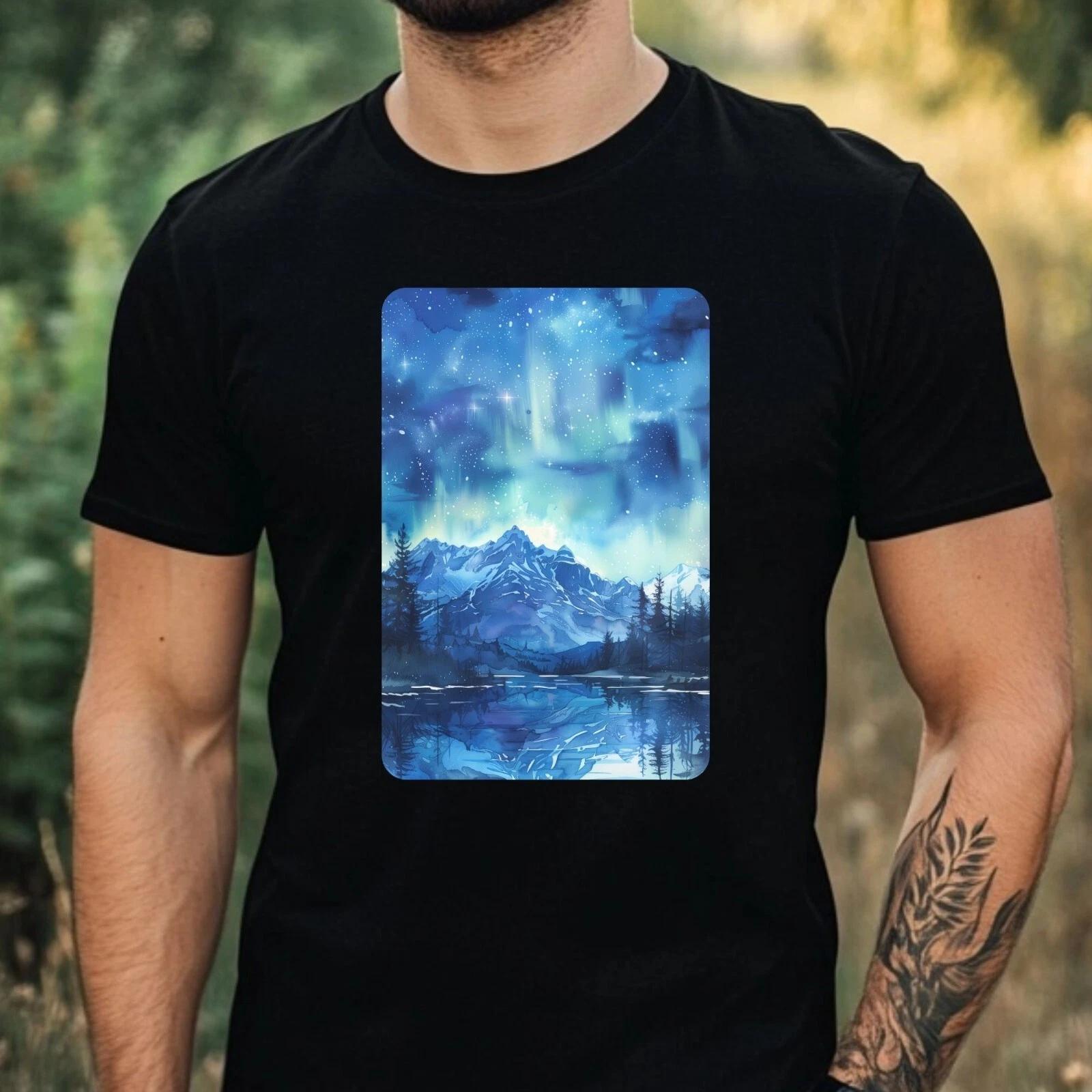 T-Shirt Herren Aquarell Nordlicht Motiv Baumwolle Größe XS bis 5XL XS