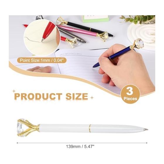 PATIKIL 3 Pcs Black Ink Ballpoint Pens, Metal Pens with Crystal Diamond, 1.0mm Medium Point, for Note Taking, Journaling, Gifts, Office Use, White