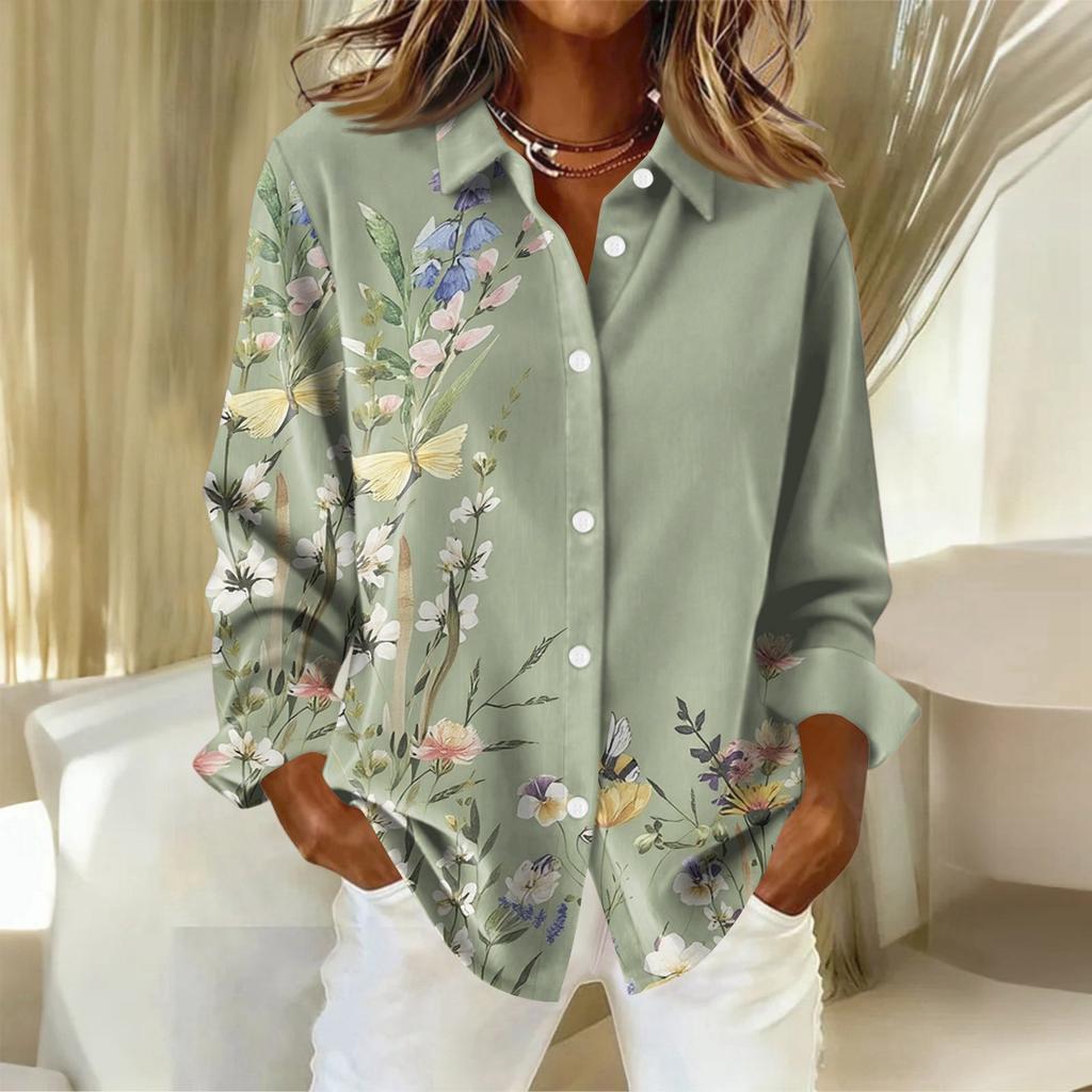 Damenhemd mit floralen Knöpfen, Langarm-Freizeit-Regular-Hemd Blusen Freizeit Übergröße Basic-Tops