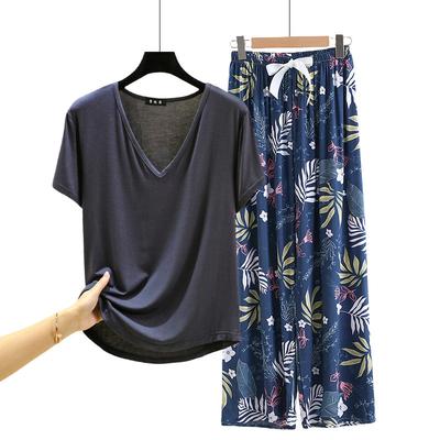 Poplin Floral Wide Leg Pants with V Neck Tshirt Summer Loose Pajamas Sets Plus Size Modal Homewear 2pcs Suit Fashion Loungewear Outwear All Match