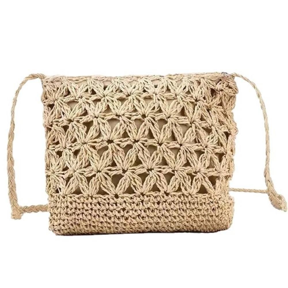 New Straw Woven Crossbody Bag Lightweight Beige Khaki Beach Shoulder Bag Hollow Style Ladies Woven Pouch for Vacation