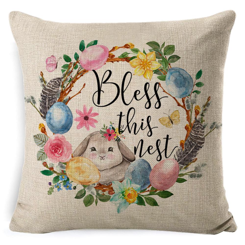 Cartoon Easter Pillow Cover Linen Watercolor Bunny Egg Home Sofa Cushion Cover