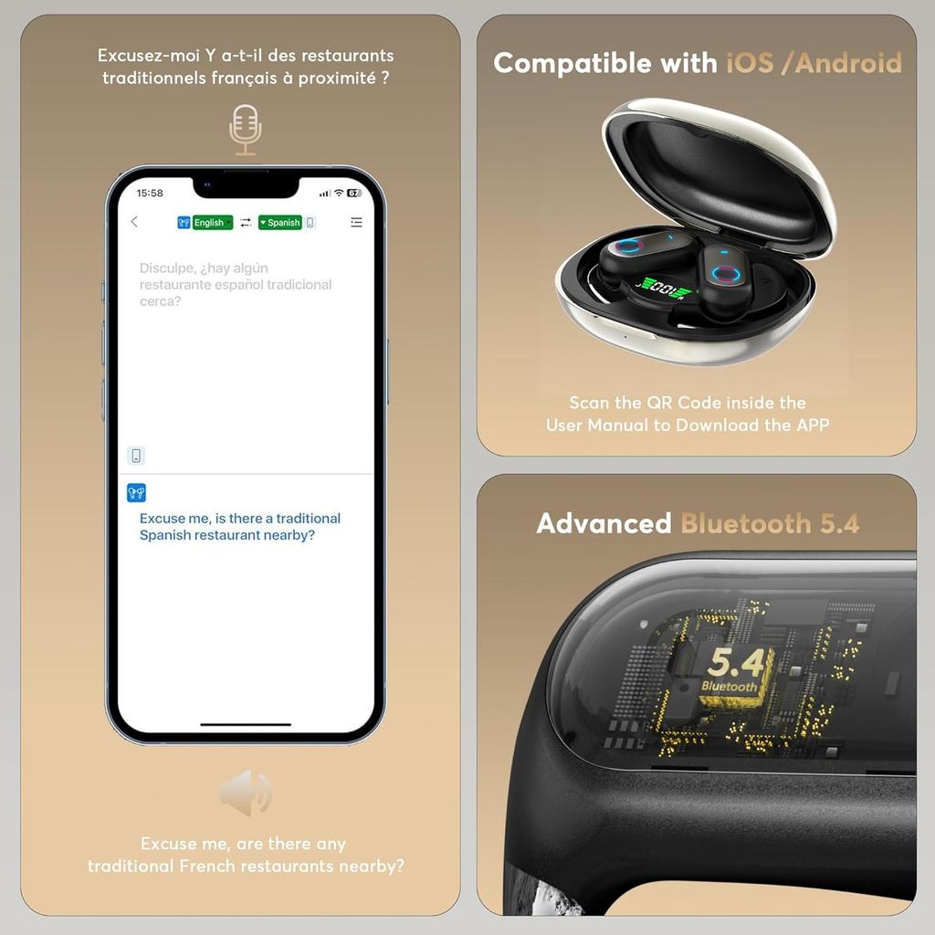 168 Sprachen KI-Übersetzung Ohrhörer Bluetooth 5.4 Kopfhörer Übersetzer 4-in-1 Intelligente Touchscreen-Ohrhörer Passend für iOS Android