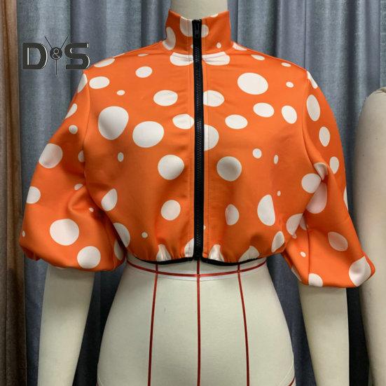 Giacca da donna con colletto alto, stampa a pois abbinata, chiusura con cerniera, corta, ampia, a maniche lunghe, cardigan casual da donna