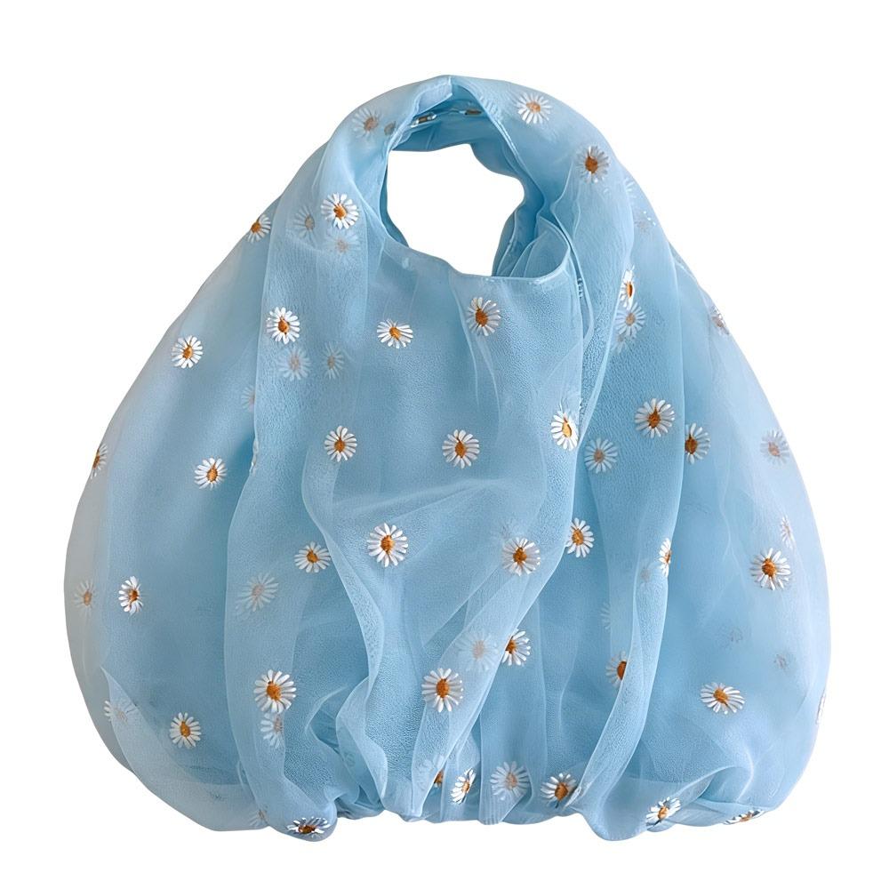 

Organza Material Flower Embroidery Hand Bag Colorful Design Daisy Embroidery Embroidery Handbag Small Size Mesh Cloth синий