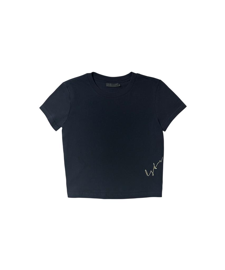 Yuseuteule Waist Embroidered Short Sleeve T-Shirt (Navy)