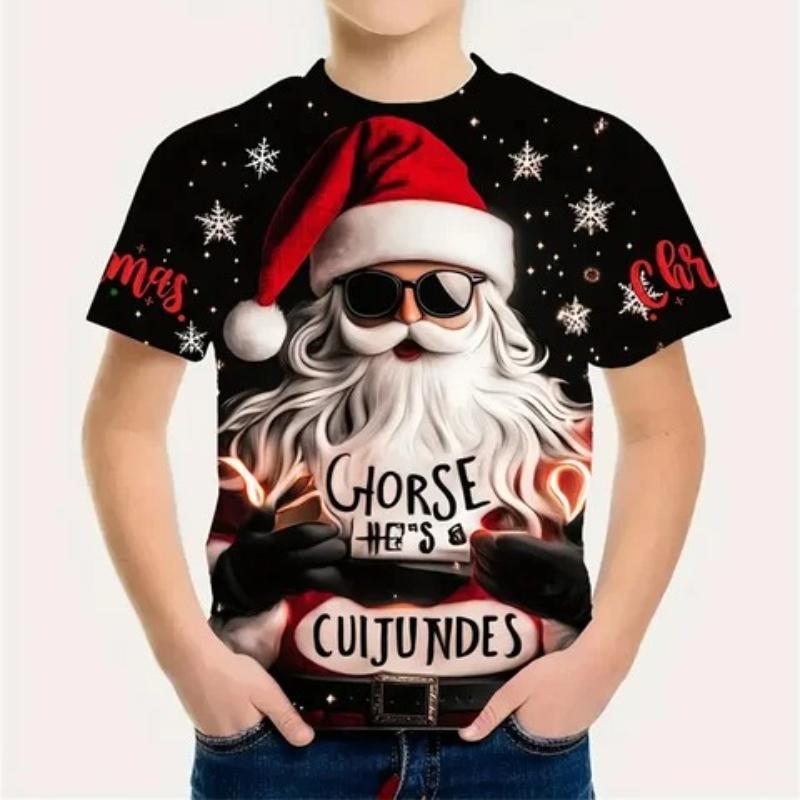 Children's Santa Claus Printed New Year T-Shirts Kids Unisex Comfortable Fashion Top Short Sleeve