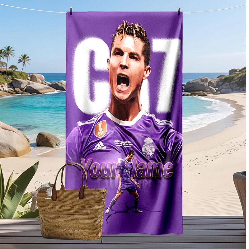 Asciugamano da Spiaggia Personalizzato Stampato Cristiano Ronaldo Logo Calcio Supporto Nome Personalizzato Testo Asciugamano Assorbente Per Sport Viaggio Regalo Speciale