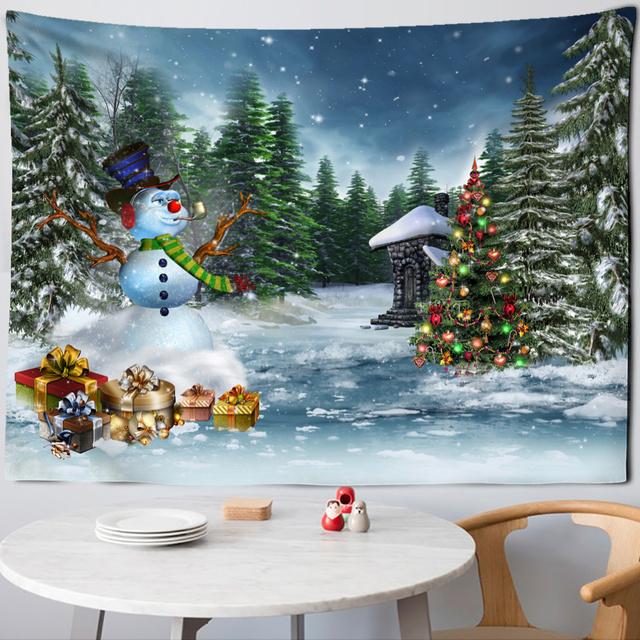 Christmas Snowman Tapestry Illustration Psychedelic Forest Wall Hanging Cute Cartoon Holiday Gift Living Roomdedroom Home Decor