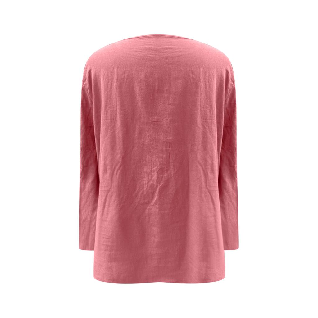 Damenmode Einfarbig Lässig Locker Langarm Leinen V-Ausschnitt Hemd Top