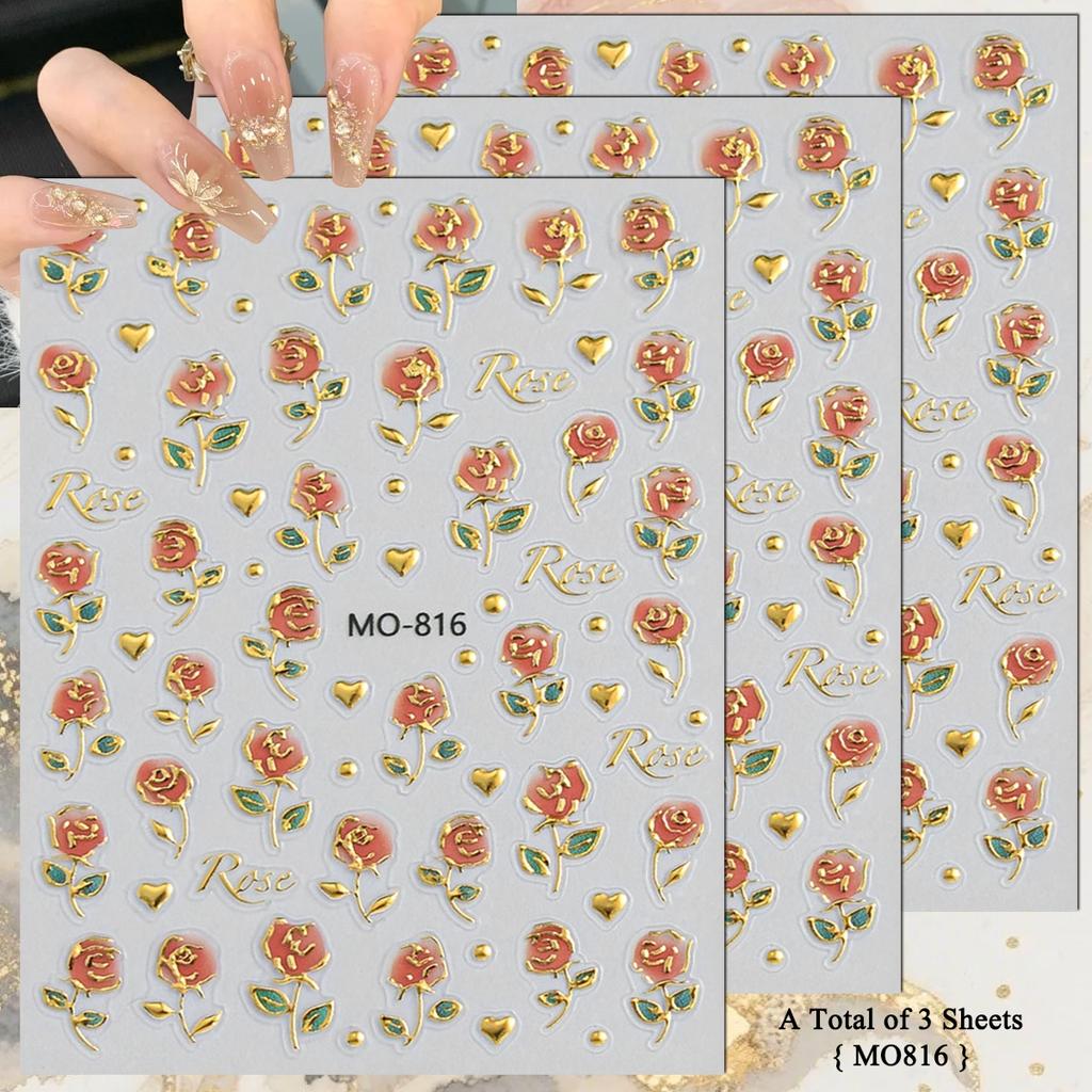 3 To 15 Sheets 5D Embossed Gold Outline Flower Nail Stickers Rose Daisy Spring Blossom Self-Adhesive Floral Decals
