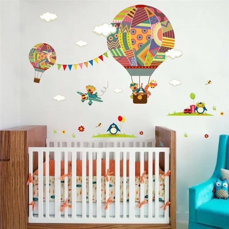 Colorful Hot Air Balloon Animal Nursery Room Wall Sticker Bear Giraffe Children  s Room Cartoon Classroom Wall Decals Poster