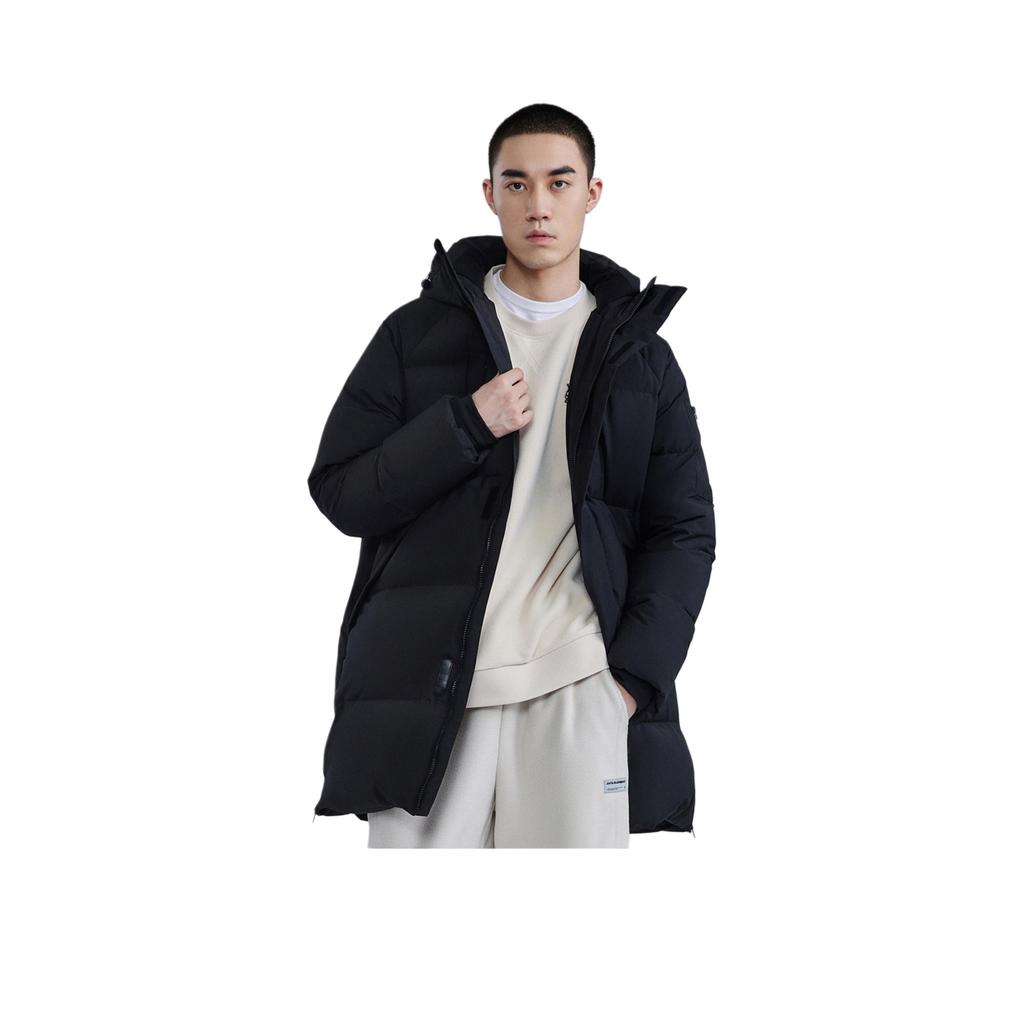 Anta Life Series Solid Color Mid-Length Zipper Hooded Waterproof Warm Down Jacket Men Outerwear Black 952248906-3