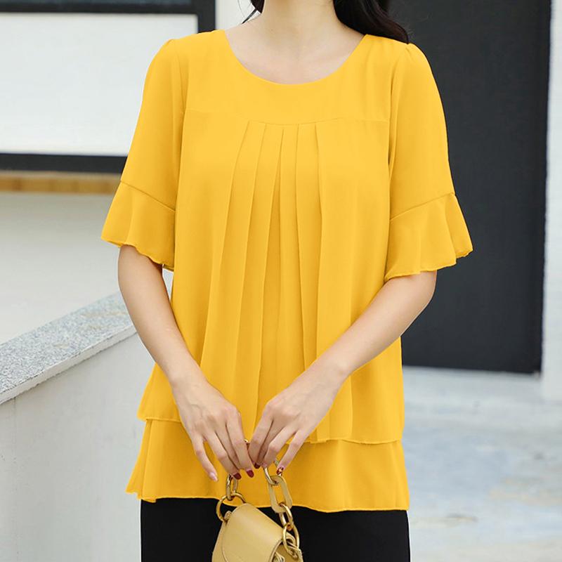 

ZANZEA Women Casual Round Neck Loose Half Sleeve Double-Layer Plain Blouse S жёлтый