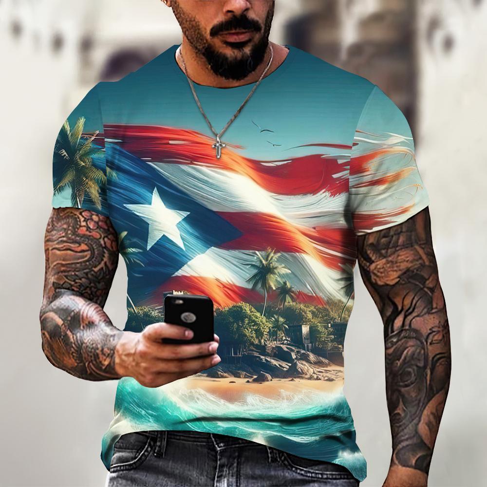 Men's T Shirt Summer Fashion Short Sleeve Tee Puerto Rico Flag Pattern Print T-Shirt Oversized Clothing Crew Neck Pullover Top