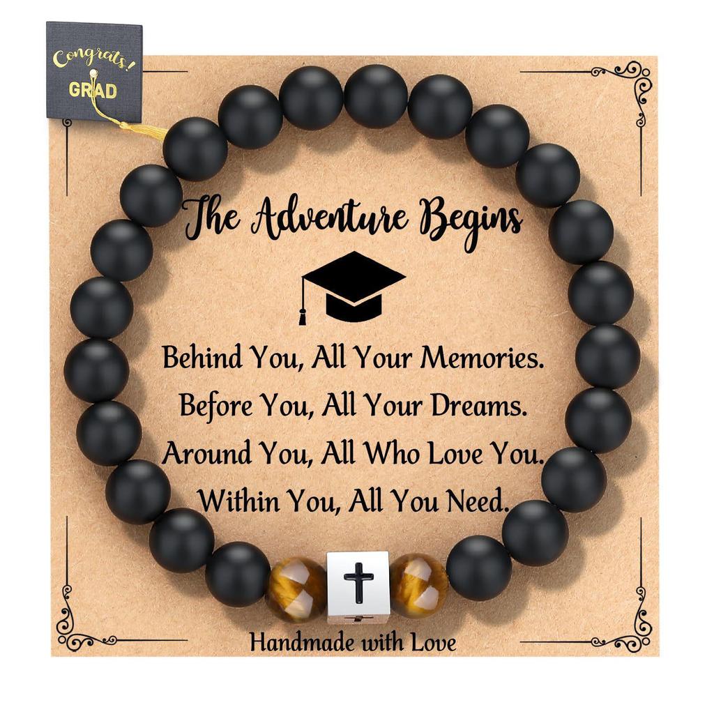 Black Matte Stone & Tiger Eye Square Cross Pendant Bracelet