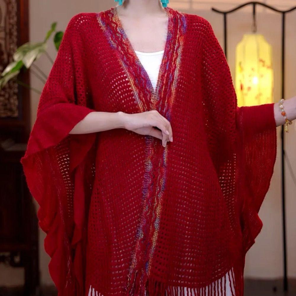 Ethnic Style Ladies Tassel Cape Hollow Wraps Scarf Coat Womens Knitted Shawl