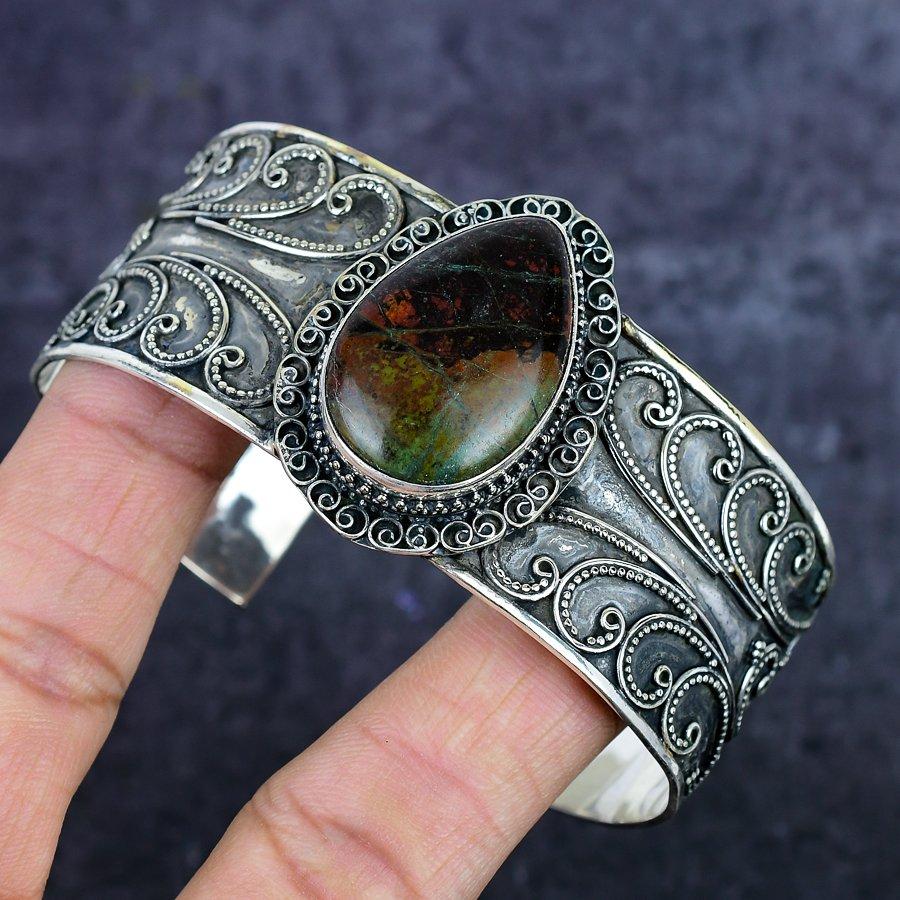 Natural Chrysoprase Gemstone 925 Sterling Silver Cuff Bangle Adjustable ETC-14494