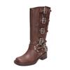 New Winter Denim Boots Women'S Retro Brown Belt Buckle Round Head High Boots Knee Length Boots