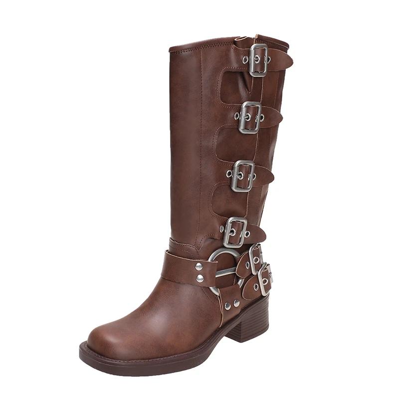 New Winter Denim Boots Women'S Retro Brown Belt Buckle Round Head High Boots Knee Length Boots