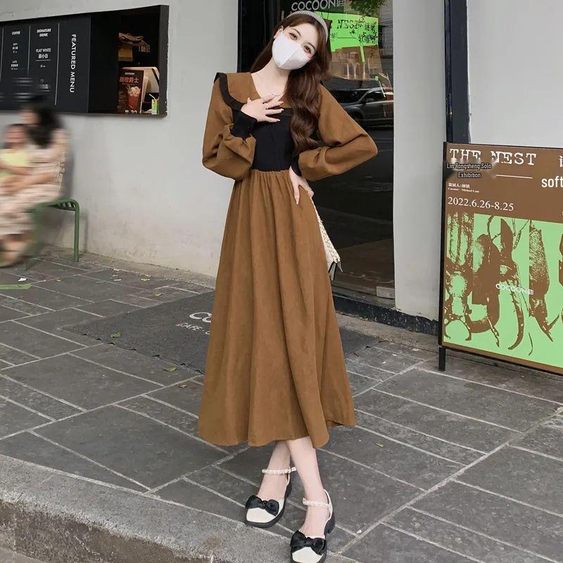 

Plus Size Hepburn-Inspired Doll Collar Patchwork Dress with Waist-Cinching Effect 4XL верблюд