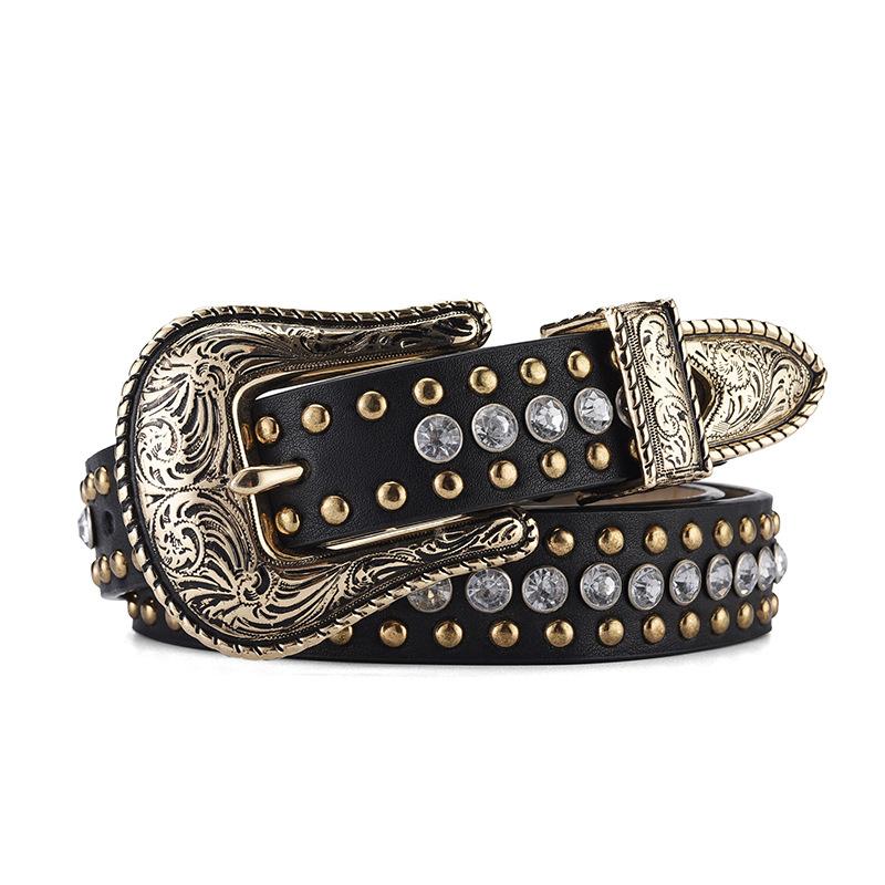 Mei Women s belt fashion rivets rhinestone personalized belt girls personalized belt punk decorative denim personalized belt 105cm чёрный