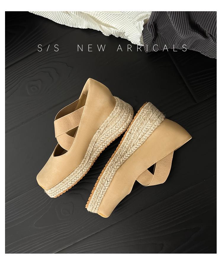 Korean Style 8CM Height Boost Ballet Espadrilles with Thick Sole & Cross Strap Wedge Heel - 2025 Edition