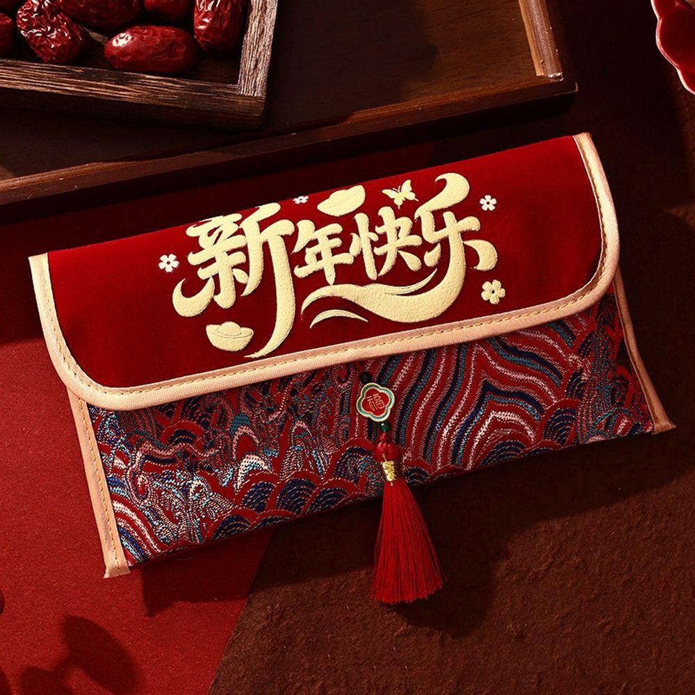 Embroidery Cloth Red Envelope Traditional Thickened Red Pocket With Tassel Blessing Words Gift Envelopes Festival Celebration