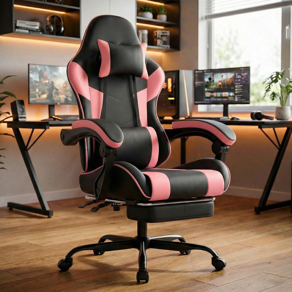 Gaming Chair with Lumbar Support, Breathable PVC Leather, Comfortable Computer, Load Capacity 200KG, Seat Height and Backrest Adjustable Black-Pink