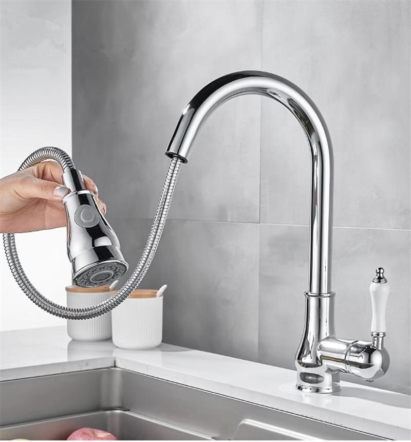 Złote Wysuwane Baterie Kuchenne Chrom Jednouchwytowa Mosiężna Bateria Kuchenna Bateria Zlewozmywakowa Jednootworowa Obrotowa Bateria Mieszająca Wodę Bateria Mieszająca