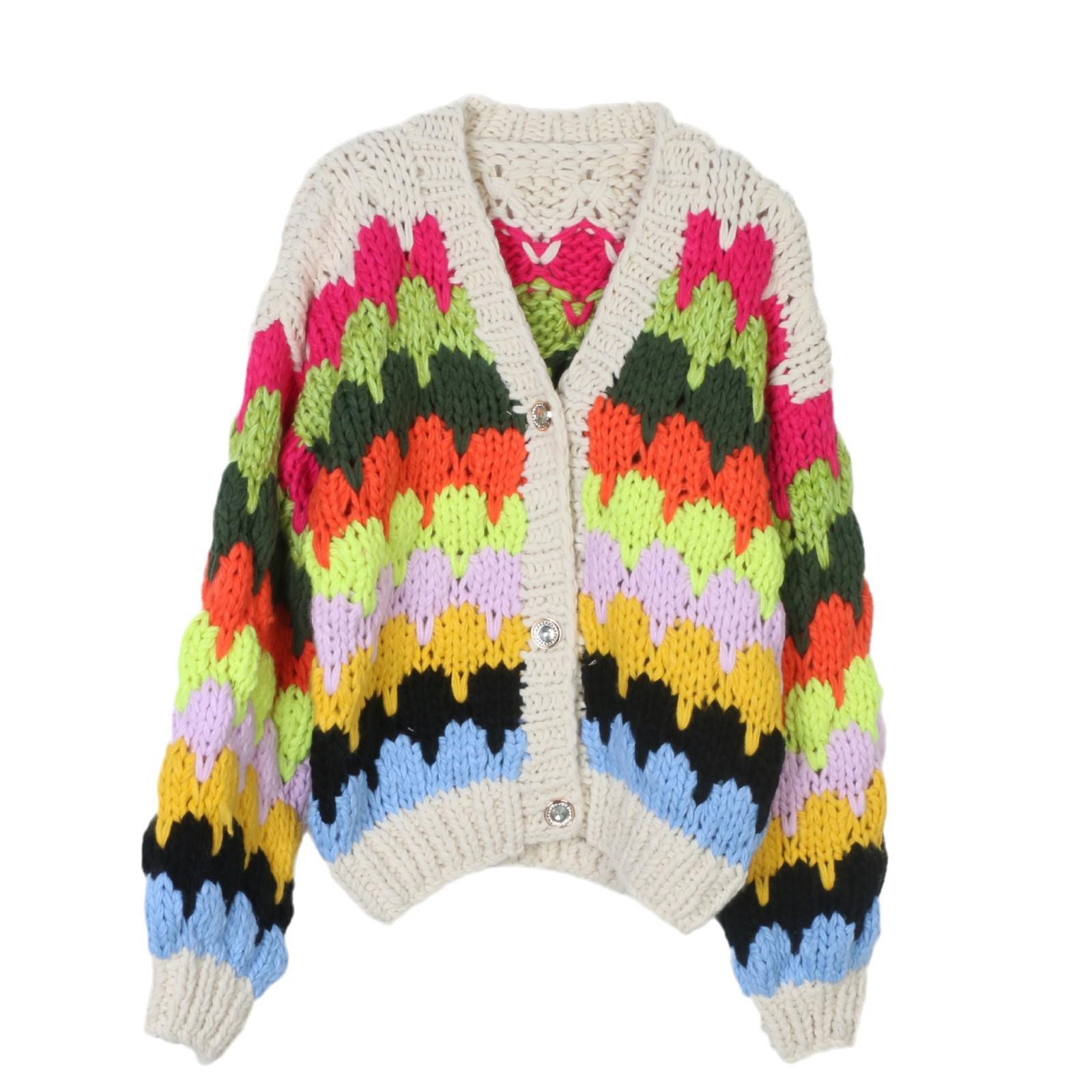 

Кардиган свободной вязки в радужную полоску - Женский свитер с длинным рукавом для осени/зимы 2024 Large