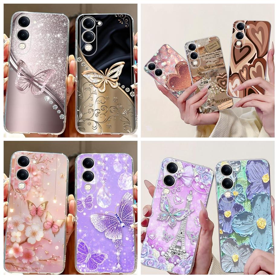 For Vivo Y29s Y29 4G 5G / Vivo Y04 4G Back Cover Girly Fashion Flower Butterfly Painting Case Soft TPU Clear Slim Silicone Funda