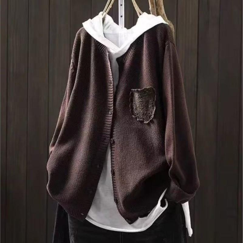 

Johnature Women Vintage Knitted Sweaters Long Sleeve Patchwork Lace Pockets Button Autumn Solid Color Sweaters One Size кавовий