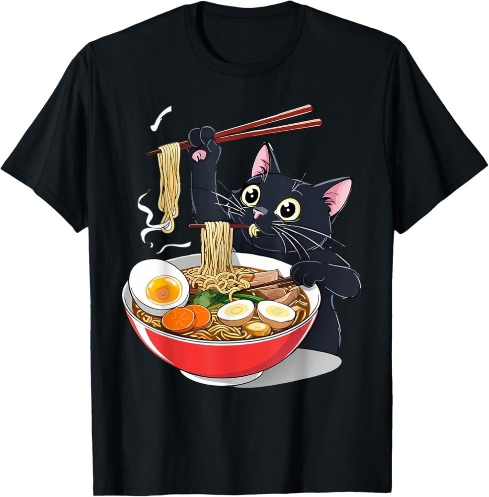 

Innocent Black Cat Eating Ramen Noodles Funny Japanese Anime Unisex T-Shirt 2XL