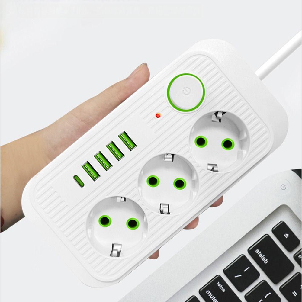 3-Outlets EU Outlet Power Strip 2m Extension Cord Extended USB Socket  Expansion