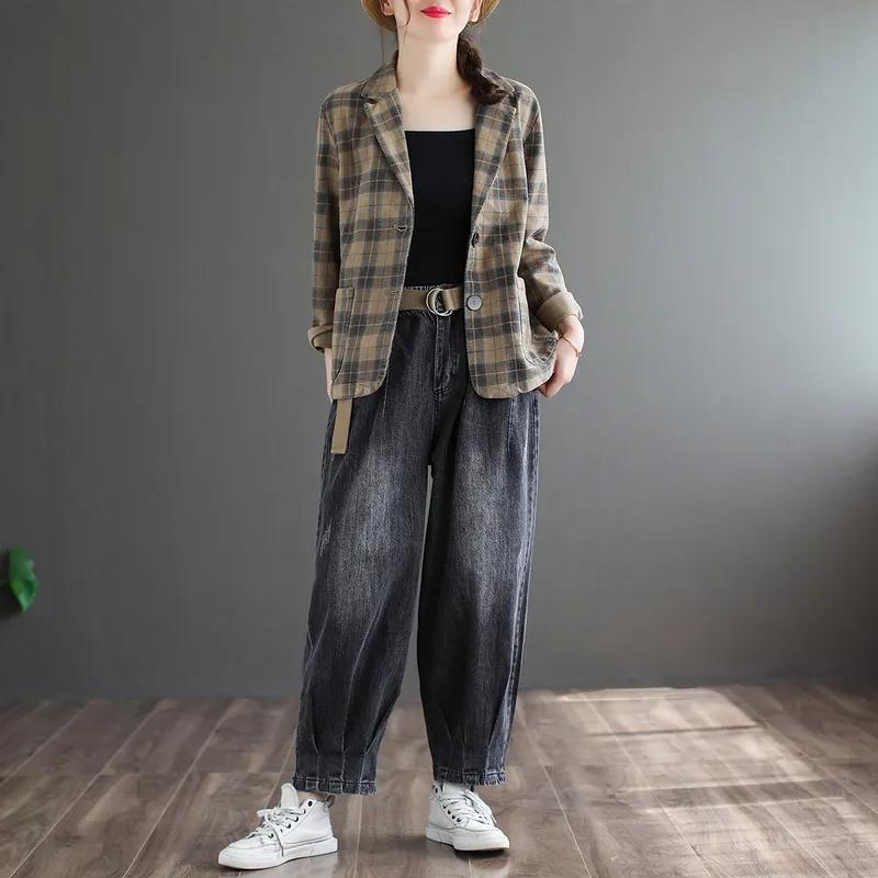 Literary Cotton and Linen Plaid Suit Jacket Women's Spring and Autumn Casual Slim Long-sleeved Short Ladies Small Suit Temperament All-match