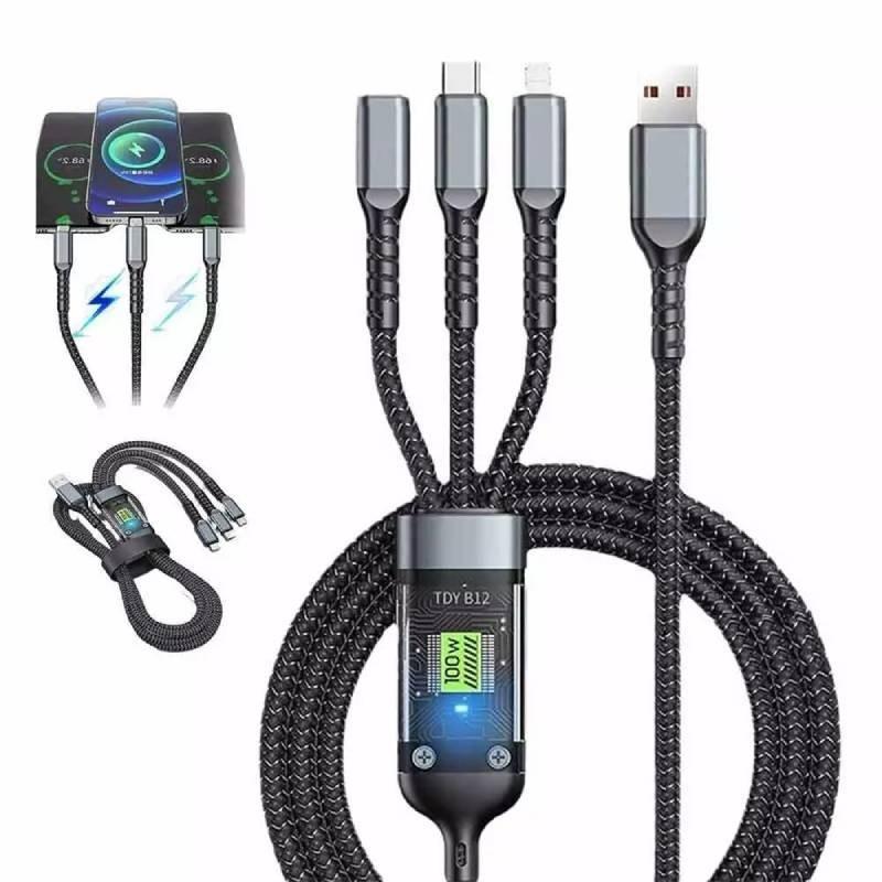 Transparent Fast Charging 3-in-1 Braided Cable With Led Indicator For Huawei Apple Android 100w