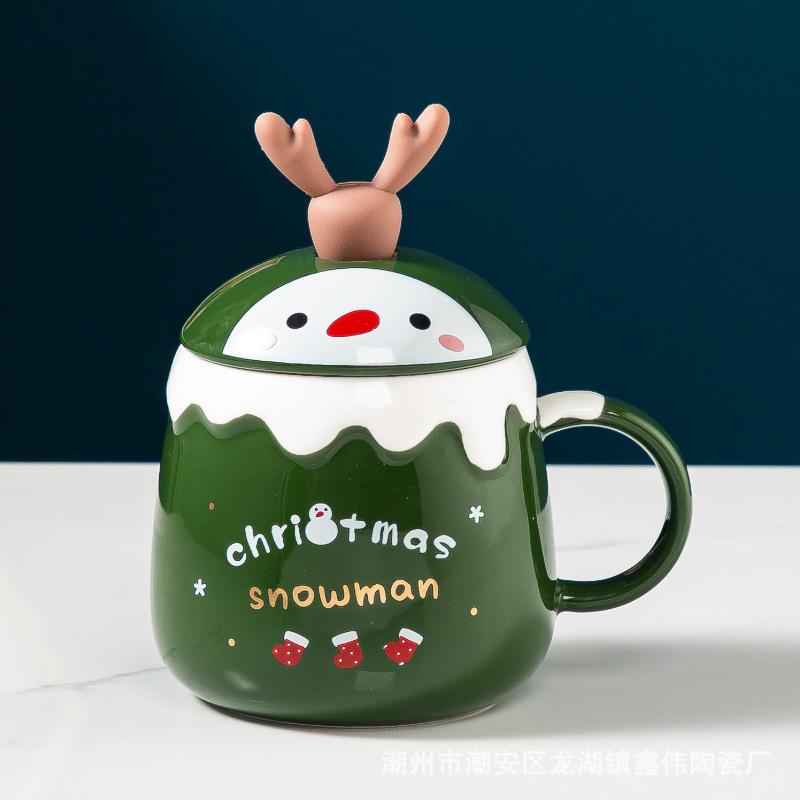 Creative Christmas Gift Ceramic Cup Cute Elk Mug Gift Water Cup with Lid Spoon Office Coffee Mug 400ml