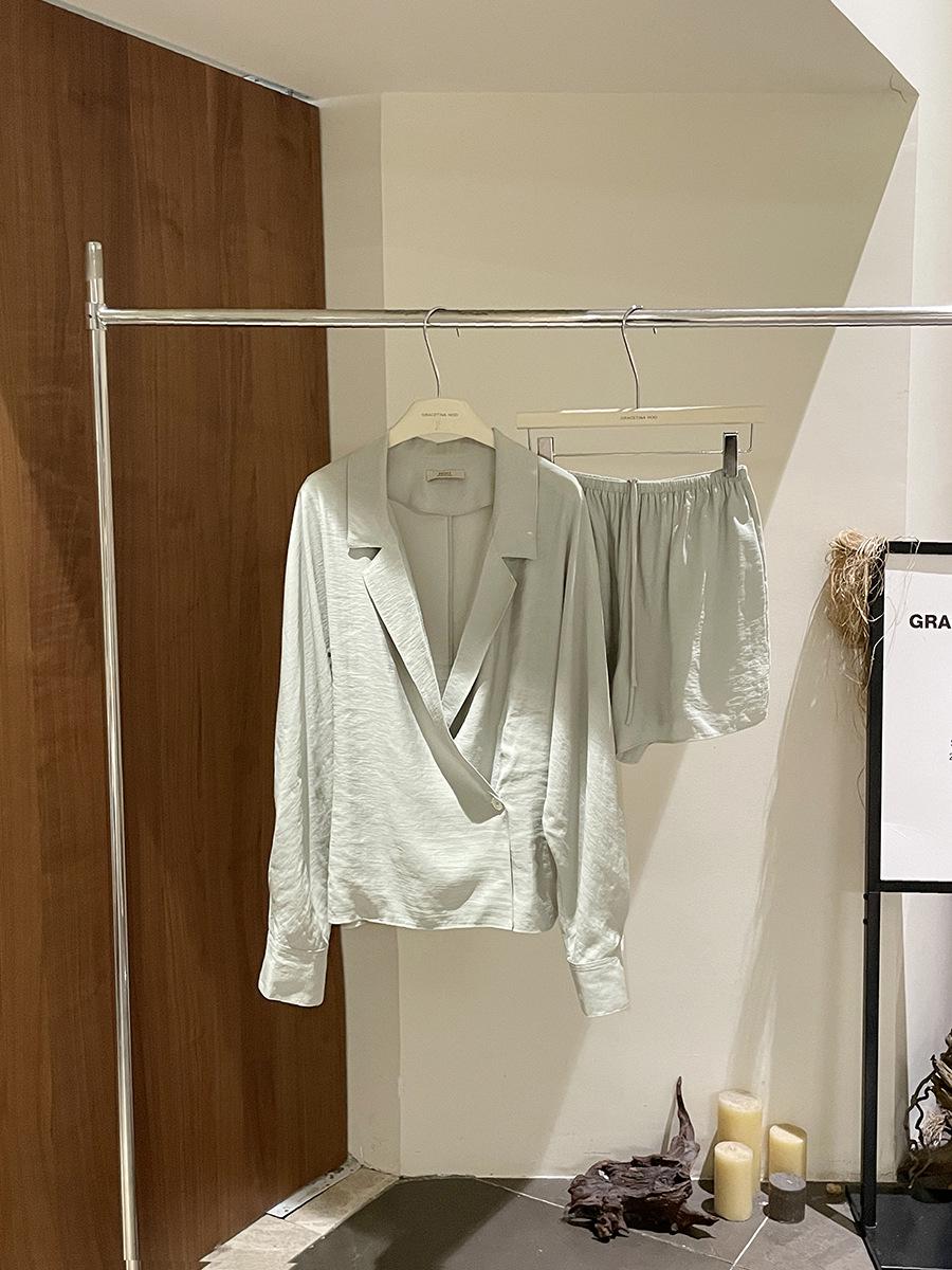 Early Spring Tencel Diagonal Placket Shirt & Shorts Set for Women Medium