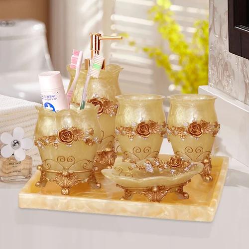 Resin Bathroom Set Toiletries Bathroom 5-piece Set with Rectangular Tray Lotion Bottle Toothbrush Holder Mouth Cup Soap Dish