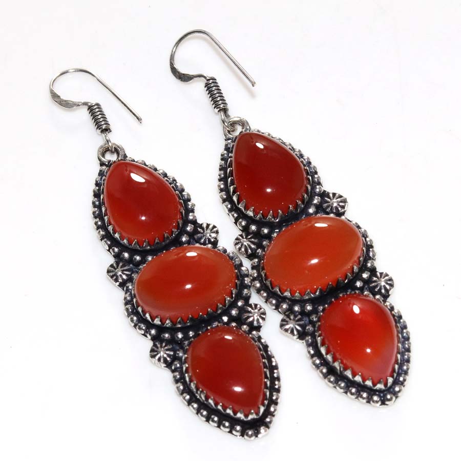 Exclusive Long Carnelian 925 Silver Plated Earrings 2.5" Handmade Jewelry n9N52